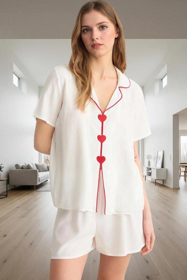 Kadın Viskoz Pijama Takımı Kalpli Detaylar İle Rahat Uyku Konforlu Kesim Kullanım Özel Tasarım - Image 1