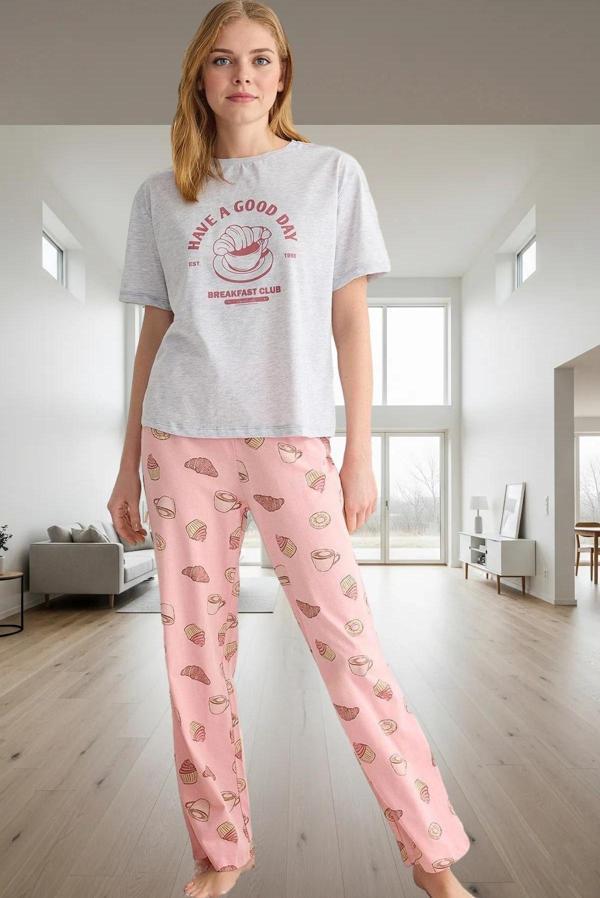 Kadın %100 Pamuklu Kısa Kollu Bisiklet Yaka Pijama Takımı Modern Stil Özenle Seçilmiş Rahat Ve Şık - Image 1
