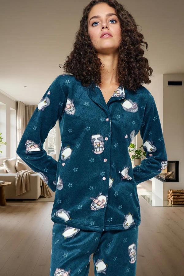 Kadın Kışlık Polar Penguen Desenli Pijama Takımı Rahat Uyku İçin Konforlu Kesim Modern Stil - Image 1