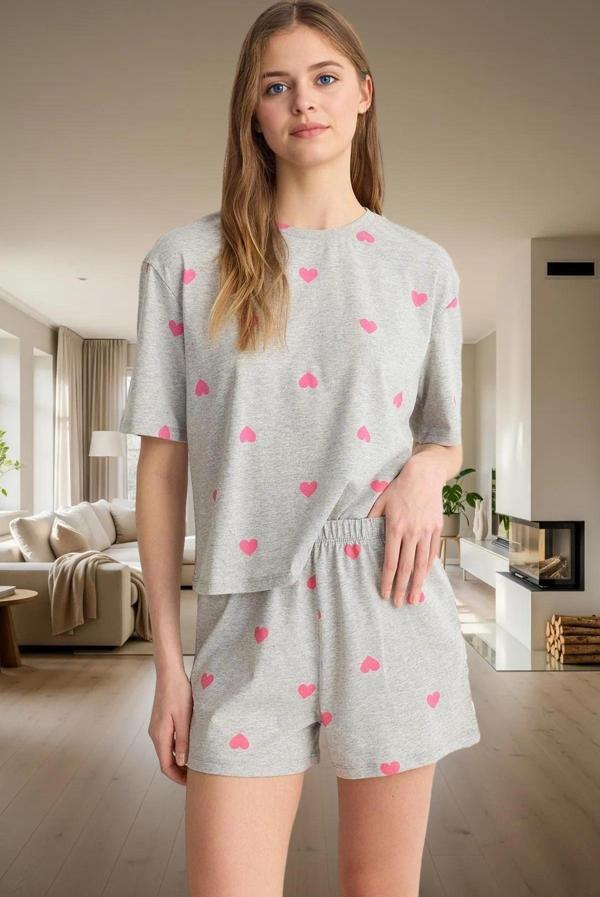Kadın Kalpli Desenli Pamuklu Pijama Takımı Rahat Ev Giyim Seti Şık Görünüm Yüksek Kalite - Image 1