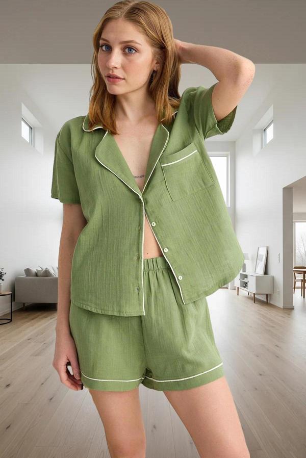 Kadın %100 Pamuklu Müslin Pijama Takımı Regular Kalıp Şortlu Rahat Tasarım Zarif - Image 1