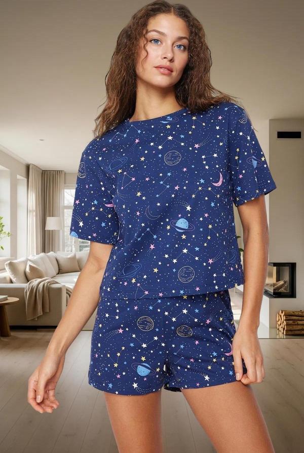 Kadın Yazlık Kısa Kollu Pamuklu Pijama Takımı Galaksi Desenli Rahat Uyku Konforlu Kesim - Image 1