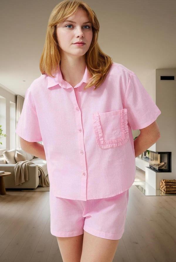 Kadın Pamuklu Fırfırlı Detaylı Pijama Takımı Rahat Yazlık Ev Giyim Seti Günlük Kullanım İçin - Image 1