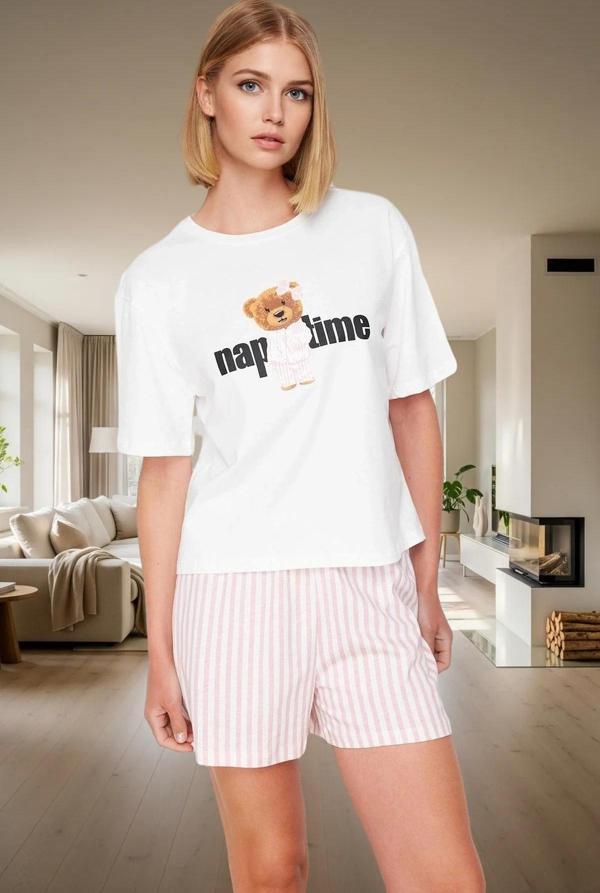 Kadın Yazlık Kısa Kollu Pamuklu Pijama Takımı Regular Kalıp Çizgili Desen Özel Tasarım Mükemmel Uyum - Image 1