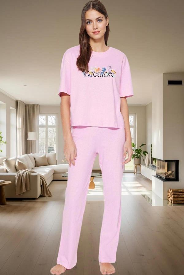 Kadın Pamuklu Rahat Baskılı Pijama Takımı Kısa Kollu Tişört Pantolon Kullanım Ve Şık - Image 1