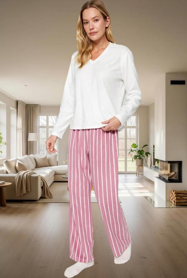 Kadın Kışlık Uzun Kollu Polar Pijama Takımı Çizgili Regular Kalıp Zarif Tasarım - Image 1