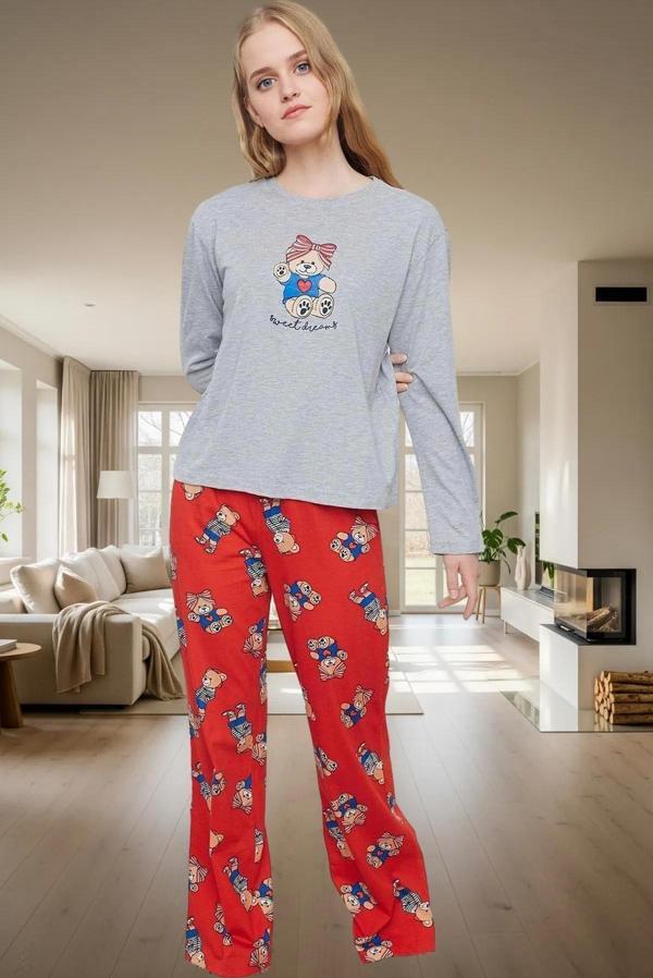 Kadın Melanj Ayıcıklı Pijama Takımı Kışlık Rahat Ev Giyim Seti Şık Görünüm Dayanıklı Malzeme - Image 1