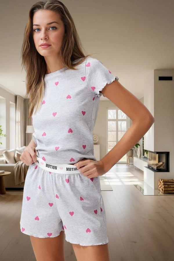 Kadın Kalpli Pijama Takımı Kısa Kollu Regular Kalıp Yazlık Rahat Özenle Seçilmiş - Image 1