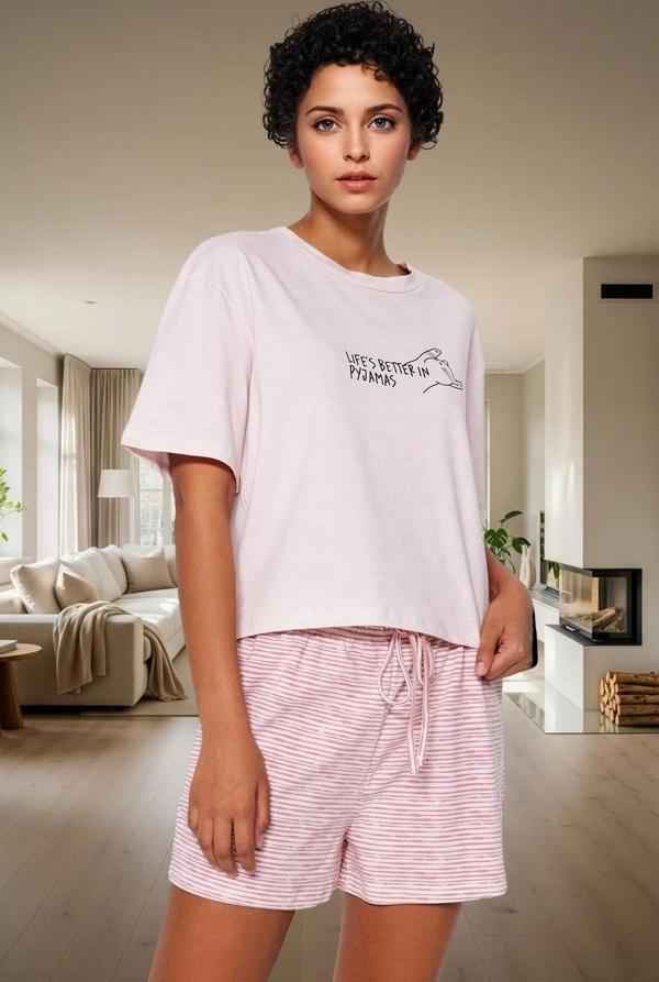Kadın Yazlık Pamuklu Çizgili Pijama Takımı Rahat Kalıp Renk Ve Şık Dayanıklı Malzeme - Image 1