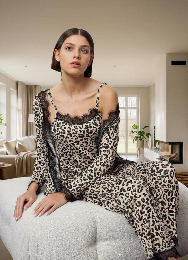 Kadın Leopar Desenli 3lü Pijama Takımı İnce Askılı Kaşkorse Kumaştan Rahat Ve Şık Özenle Seçilmiş - Image 1