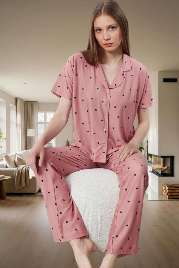Kadın Kalpli Örme Pijama Takımı Rahat Şık Kısa Kollu Regular Kalıp Premium Kalite Seçkin Malzeme - Image 1