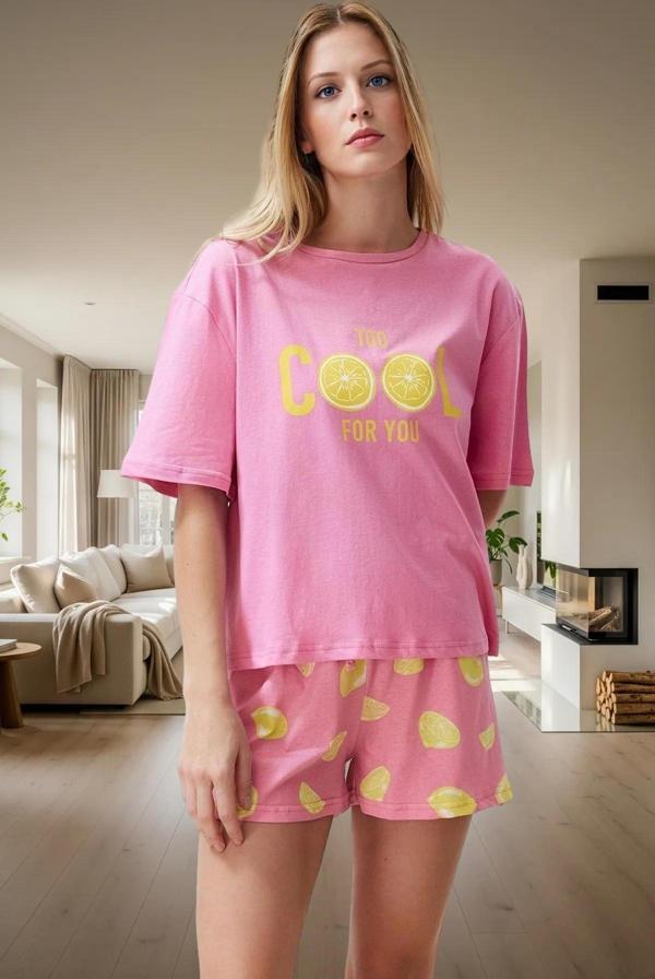 Kadın Pamuklu Kısa Kollu Pijama Takımı Limon Baskılı Yazlık Rahat Ve Şık Zarif Tasarım - Image 1