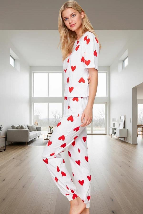 Kadın Kalpli Pamuklu Pijama Takımı Rahat Kesim Boru Paça Premium Kalite Özel Tasarım Özenle Seçilmiş - Image 1