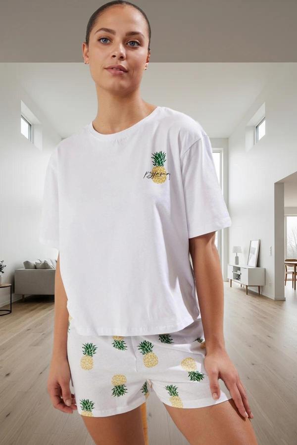 Kadın Yazlık Kısa Kollu Pamuklu Pijama Takımı Ananas Desenli Rahat Yüksek Kalite - Image 1