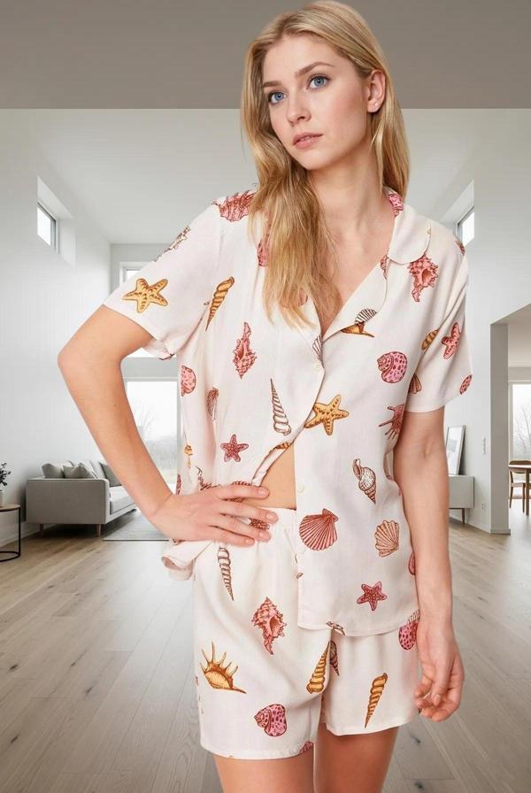 Kadın Viskon Pijama Takımı Çok Deniz Kabukları Baskılı Rahat Yazlık Özel Tasarım Zarif - Image 1