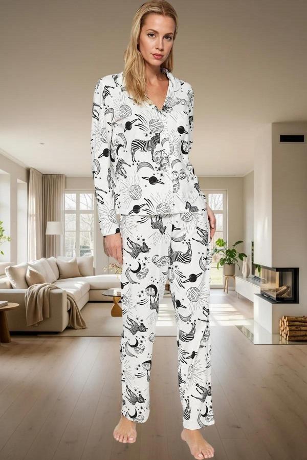 Kadın Rahat Pamuklu Uzun Kollu Zebra Desenli Pijama Takımı Zarif Tasarım Konforlu Kesim Kullanım - Image 1