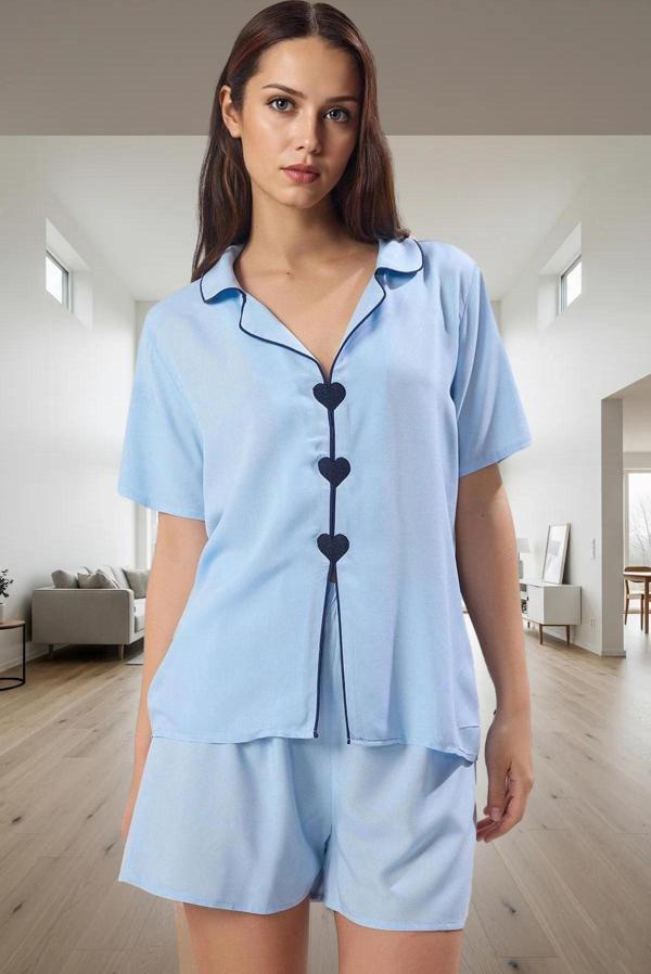 Kadın Viskoz Pijama Takımı Kalpli Detaylar İle Rahat Uyku Konforlu Kesim Kullanım Özel Tasarım - Image 1