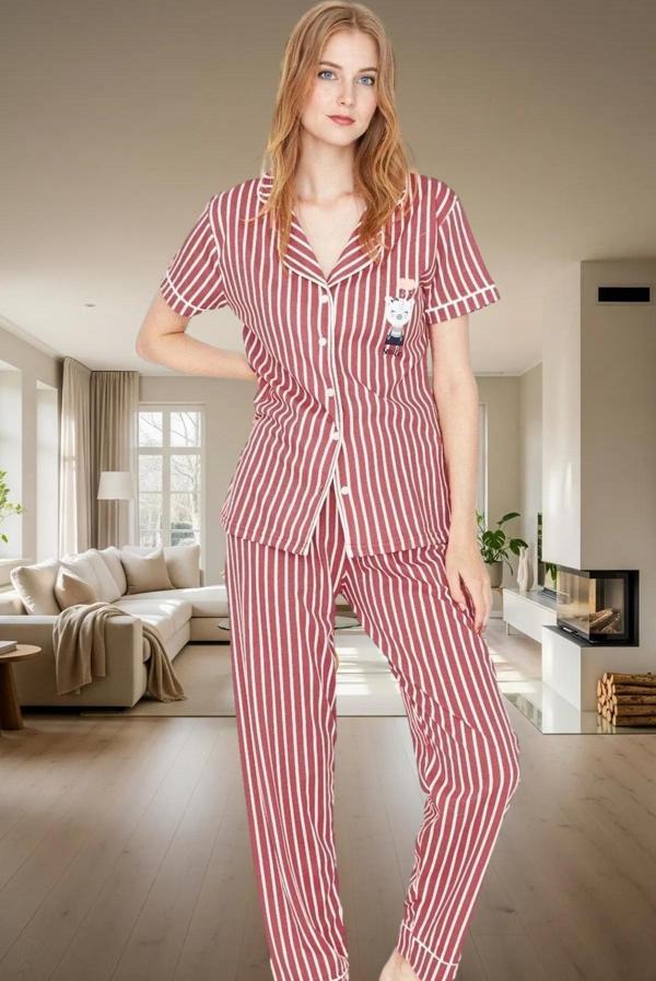 Kadın Kısa Kollu Çizgili Pamuklu Pijama Takımı Rahat Ev Giyim Seti Özenle Seçilmiş - Image 1