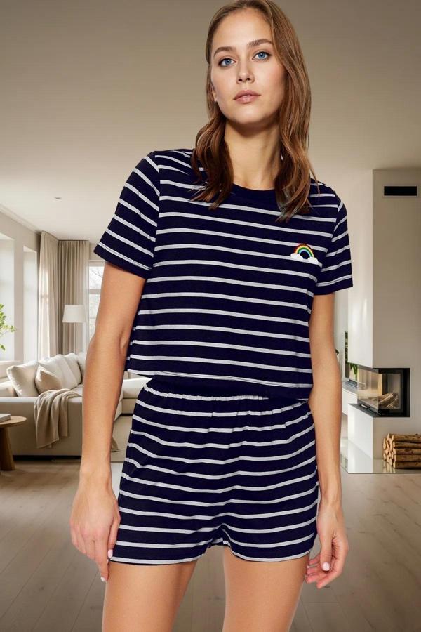 Kadın Çizgili Viskoz Pijama Takımı Rahat Ev Giyim Seti Günlük Kullanım İçin - Image 1