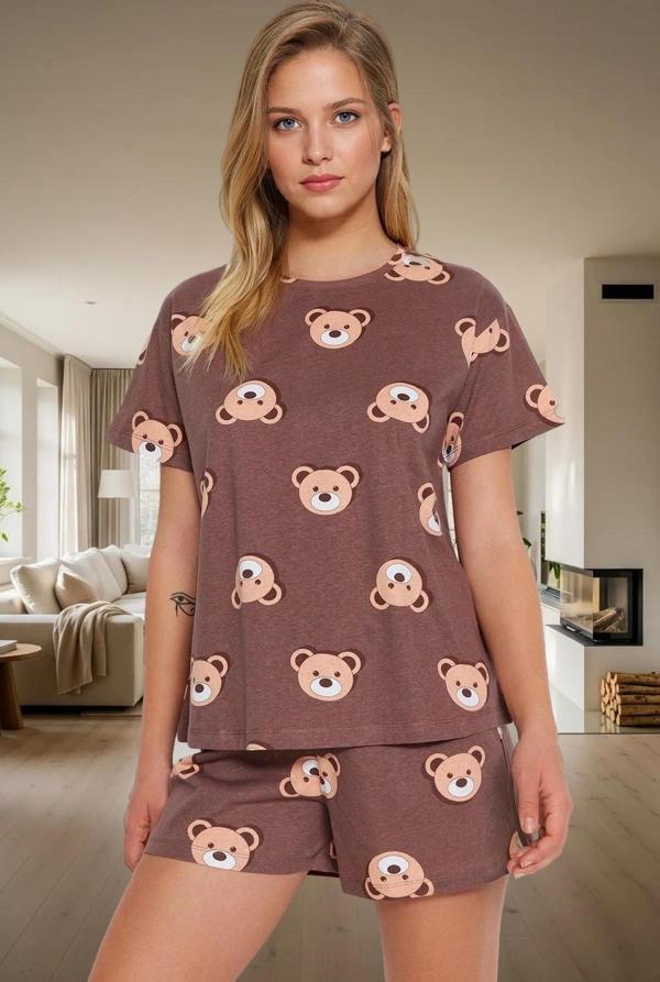 Kadın Ayıcıklı Pamuklu Kısa Kollu Pijama Takımı Dayanıklı Malzeme Trend Tasarım - Image 1
