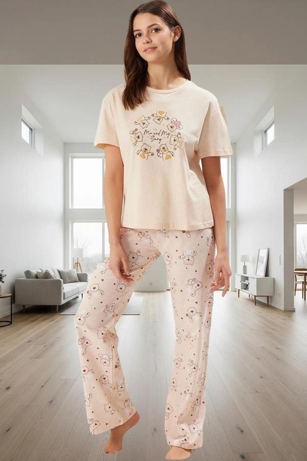 Kadın Ayıcıklı Kalpli Pamuklu Pijama Takımı Rahat Ev Giyim Seti Dayanıklı Malzeme - Image 1