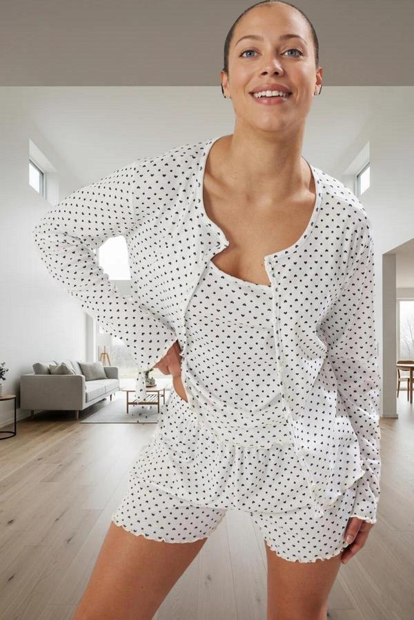 Kadın Kalpli Desenli Örme Pijama Takımı Rahat Ev Giyim Seti Konforlu Kesim Profesyonel Görünüm - Image 1