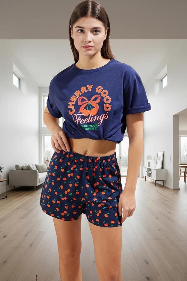 Kadın Kısa Kollu Bisiklet Yaka Pamuklu Pijama Takımı Yazlık Regular Kalıp Dayanıklı Malzeme - Image 1