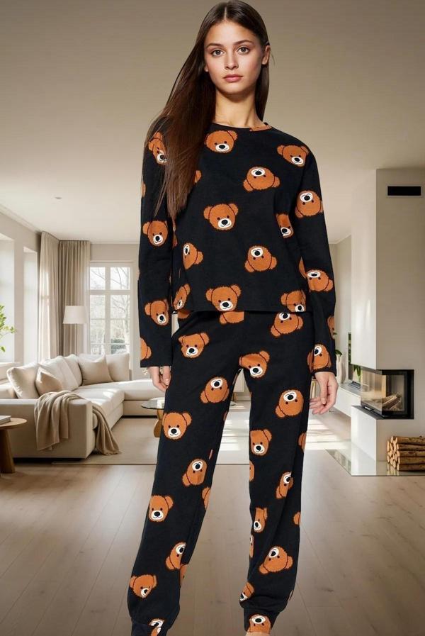 Kadın Ayıcıklı Pijama Takımı %100 Pamuk Boru Paça Uzun Kollu Rahat Uyku Özel Tasarım Ömürlü - Image 1