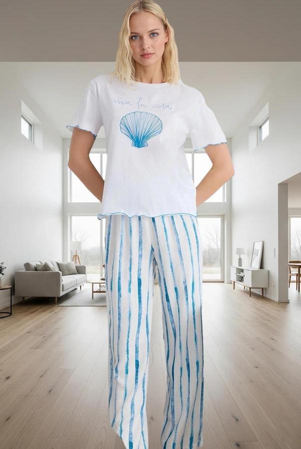 Kadın Rahat Viskoz Örme Pijama Takımı Çizgili Desenli Ev Giyim Seti Özenle Seçilmiş Dayanıklı Malzem - Image 1