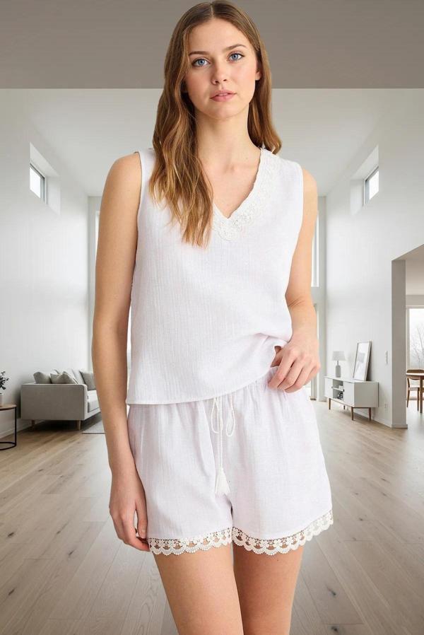 Kadın Pamuklu Dantelli Müslin Pijama Takımı Rahat Yazlık Tasarım Kullanım Özel - Image 1