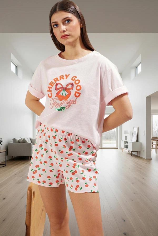 Kadın Kısa Kollu Bisiklet Yaka Pamuklu Pijama Takımı Yazlık Regular Kalıp Dayanıklı Malzeme - Image 1