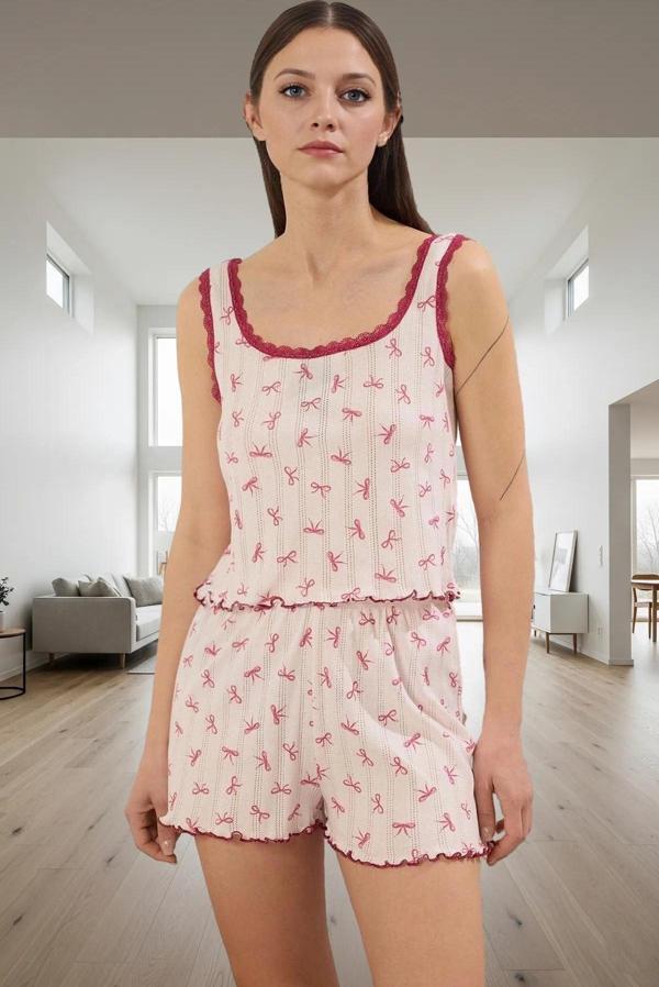 Kadın Yazlık Çiçekli Örme Pijama Takımı Rahat Kalıp Pamuklu Şık Görünüm Uzun Ömürlü Kaliteli İşçilik - Image 1