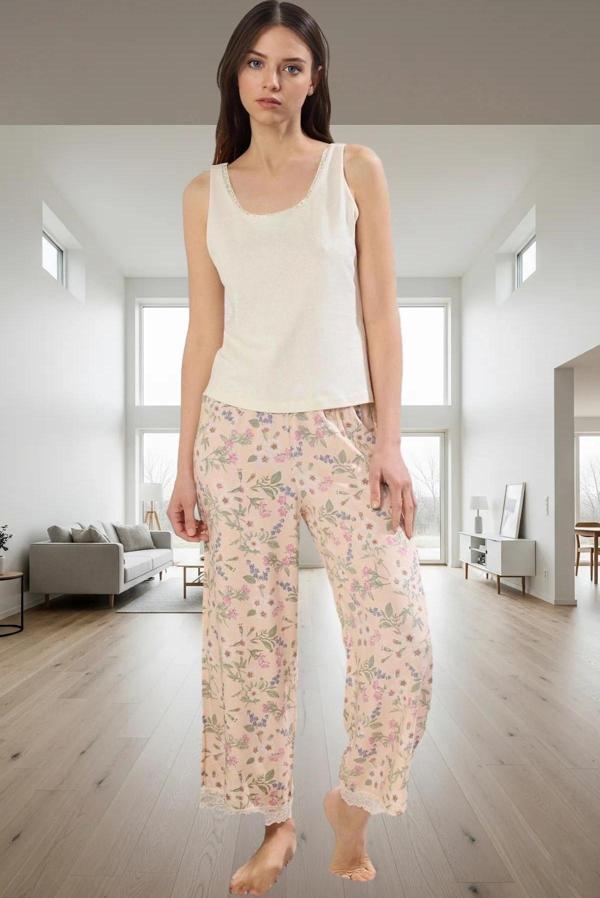 Kadın Çiçekli Viskon Pijama Takımı Rahat Kalıp Mükemmel Uyum Profesyonel Görünüm - Image 1