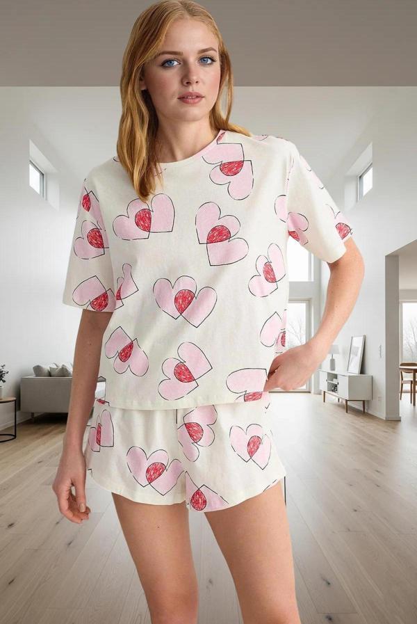 Kadın Kalpli Pamuklu Kısa Kollu Pijama Takımı Rahat Ev Giyim Yazlık Günlük Kullanım İçin Ve Şık - Image 1