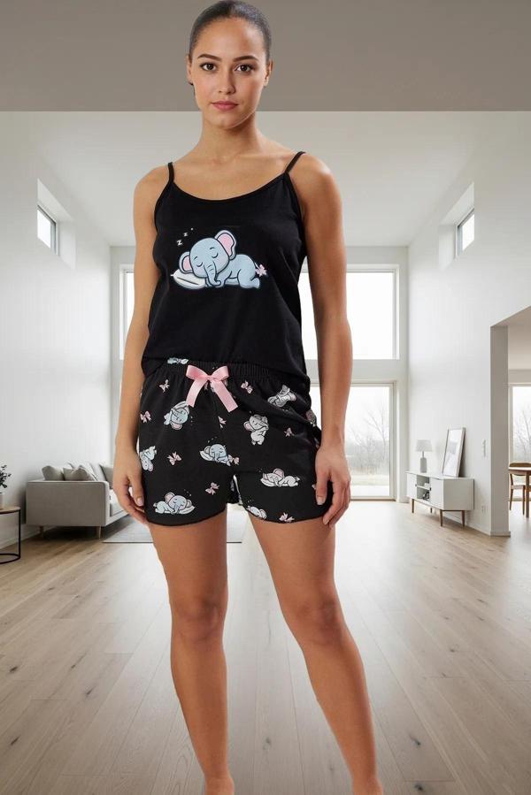 Kadın Yazlık Pamuklu Pijama Takımı Fil Desenli Regular Kalıp Profesyonel Görünüm Zarif Tasarım - Image 1
