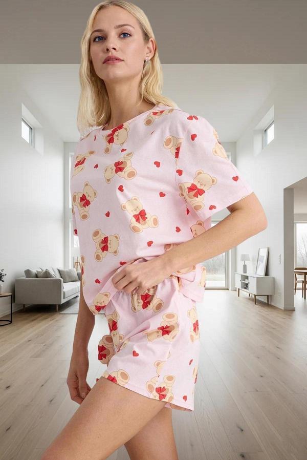 Kadın Ayıcıklı Kalpli Pijama Takımı %100 Pamuk Yazlık Rahat Homewear Trend Tasarım Mükemmel Uyum - Image 1