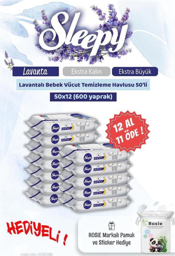 Sleepy 12 AL 11 ÖDE Lavantalı Bebek Vücut Temizleme Mendili 50'li  ve Rosie pamuk - Image 1