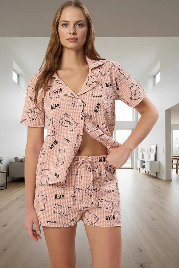 Kadın Ayıcıklı Gofre Pijama Takımı Regular Kalıp Yazlık Uzun Ömürlü Rahat Kullanım - Image 1