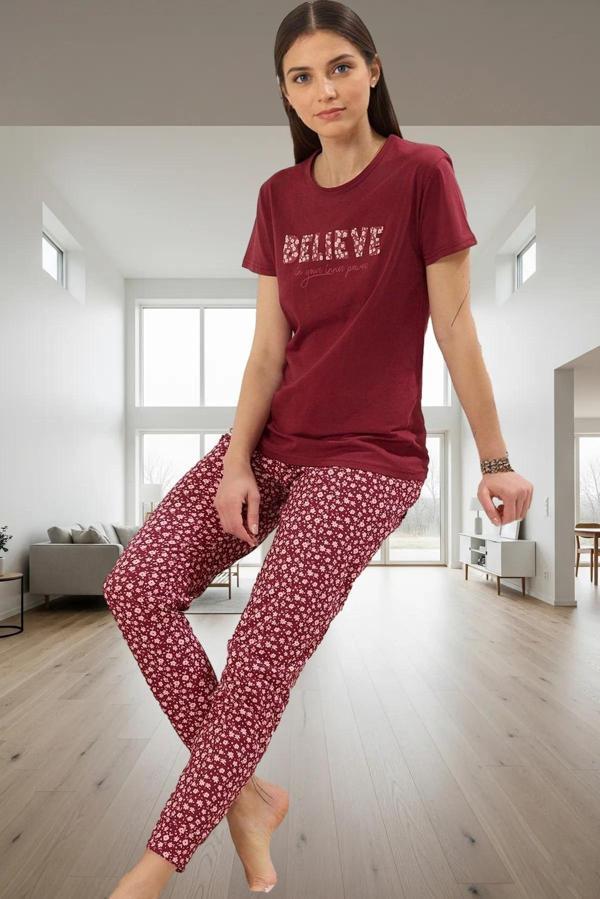 Kadın Kısa Kollu Bisiklet Yaka Pamuklu Pijama Takımı Çiçekli Desenli Şık Görünüm Dayanıklı Malzeme - Image 1
