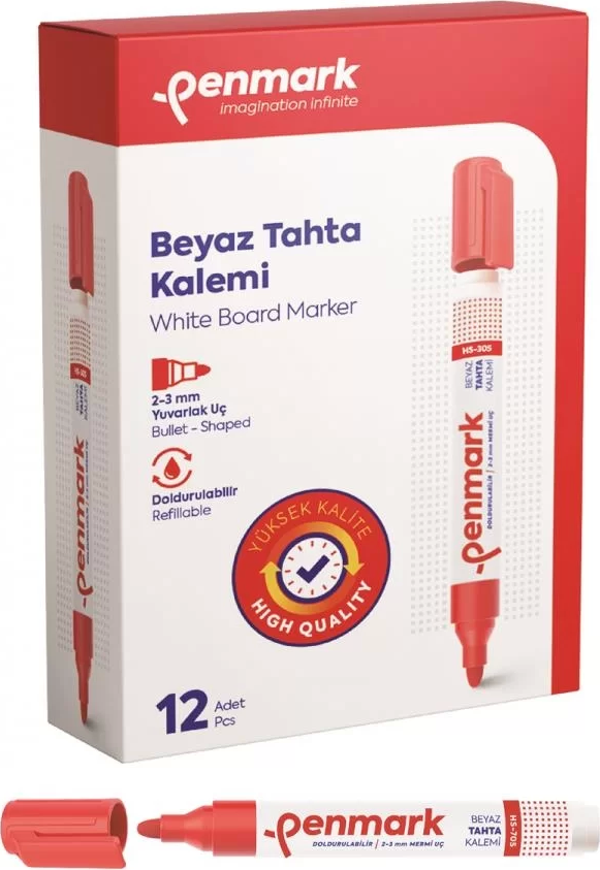 Penmark Beyaz Yazı Tahtası Kalemi Kırmızı Renk (12 Adet) - Image 1