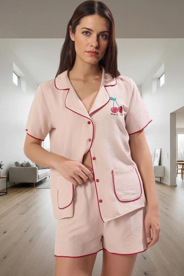 Kadın Kısa Kollu Saten Pijama Takımı Rahat Ev Giyim Seti Şık Görünüm Trend Tasarım - Image 1