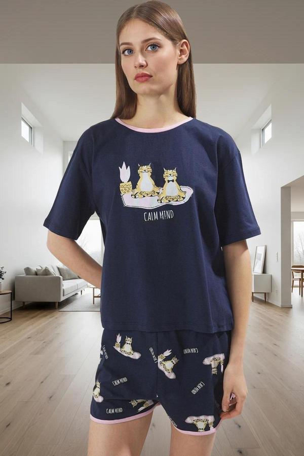 Kadın %100 Pamuklu Kısa Kollu Bisiklet Yaka Pijama Takımı Rahat Kullanım Uzun Ömürlü Modern Stil - Image 1