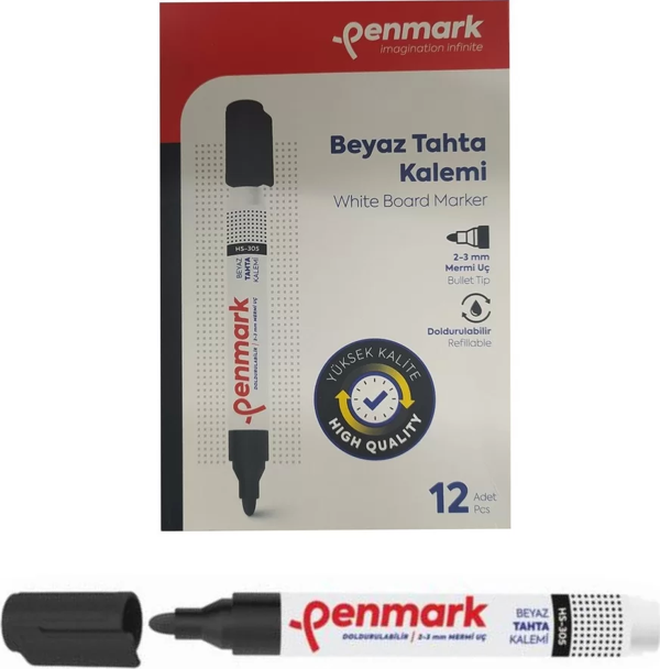Penmark Beyaz Yazı Tahtası Kalemi Siyah Renk (12 Adet) - Image 1