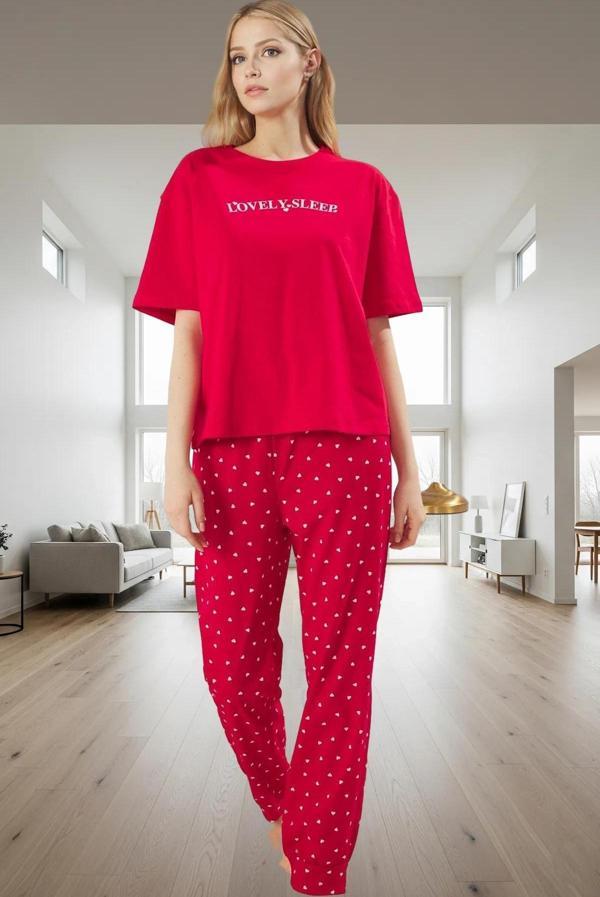 Kadın Pamuklu Kalpli Pijama Takımı Rahat Ev Giyim Seti Şık Görünüm Seçkin Malzeme - Image 1
