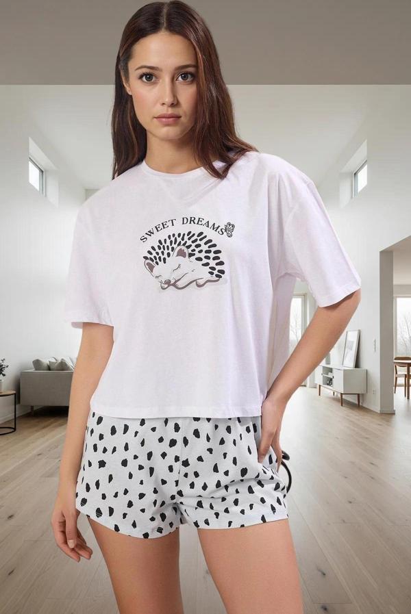 Kadın Kısa Kollu Bisiklet Yaka Pamuklu Pijama Takımı Konforlu Kesim Yüksek Kalite - Image 1