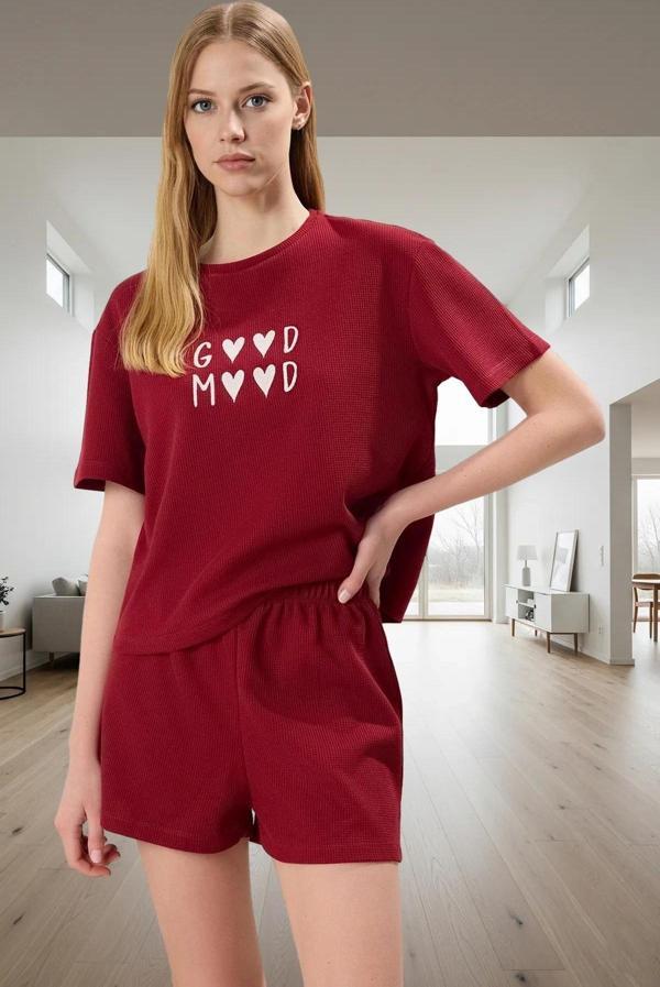 Kadın Waffle Pijama Takımı Good Mood Desenli Kısa Kol Mükemmel Uyum Şık Görünüm Özel Tasarım - Image 1