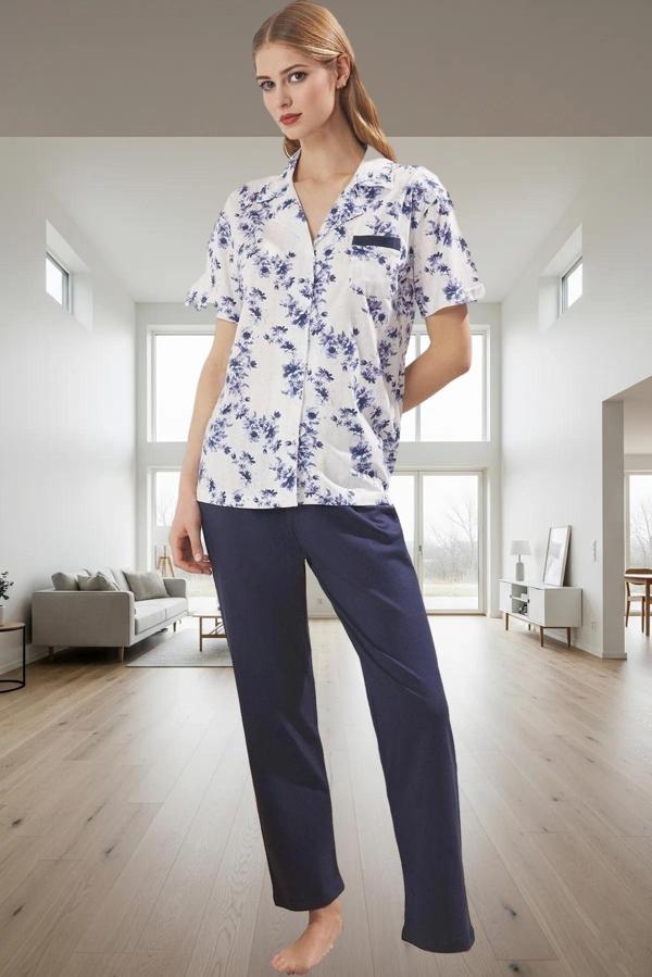 Kadın Çiçekli Pamuklu Pijama Takımı Rahat Kalıp Trend Tasarım Kullanım Modern Stil - Image 1