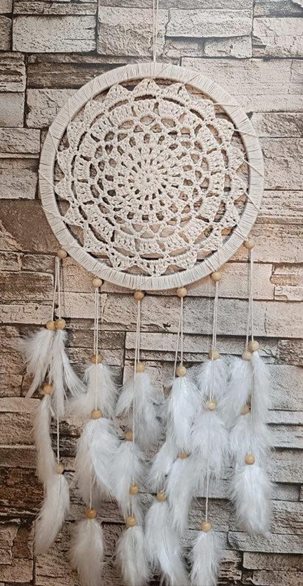 Düş Kapanı Makrome Dreamcatcher Ekru Kuş Tüyü Rüya Kapanı Duvar Süsü Elişi - Image 1