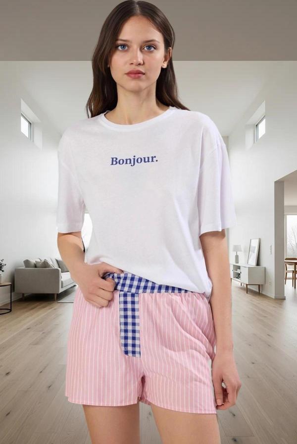 Kadın Pamuklu Çizgili Pijama Takımı Rahat Yazlık Şortlu Uzun Ömürlü Dayanıklı Malzeme Yüksek Kalite - Image 1