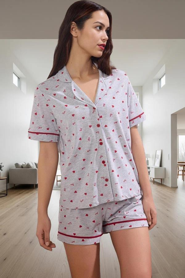 Kadın Melanj Pamuklu Kısa Kollu Pijama Takımı Kalpli Desen Zarif Tasarım Seçkin Malzeme - Image 1